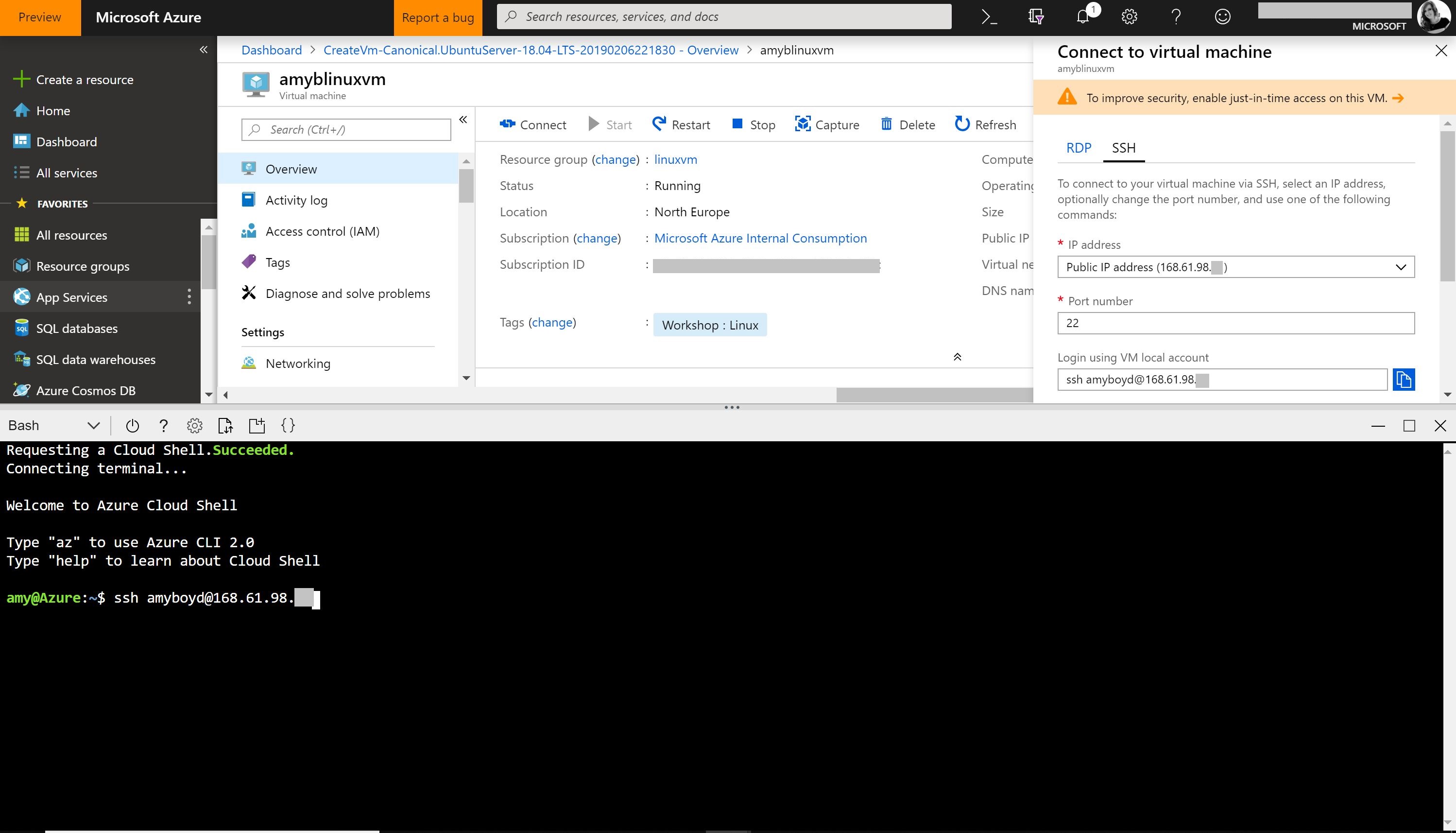 Connect to machine in Azure Shell
